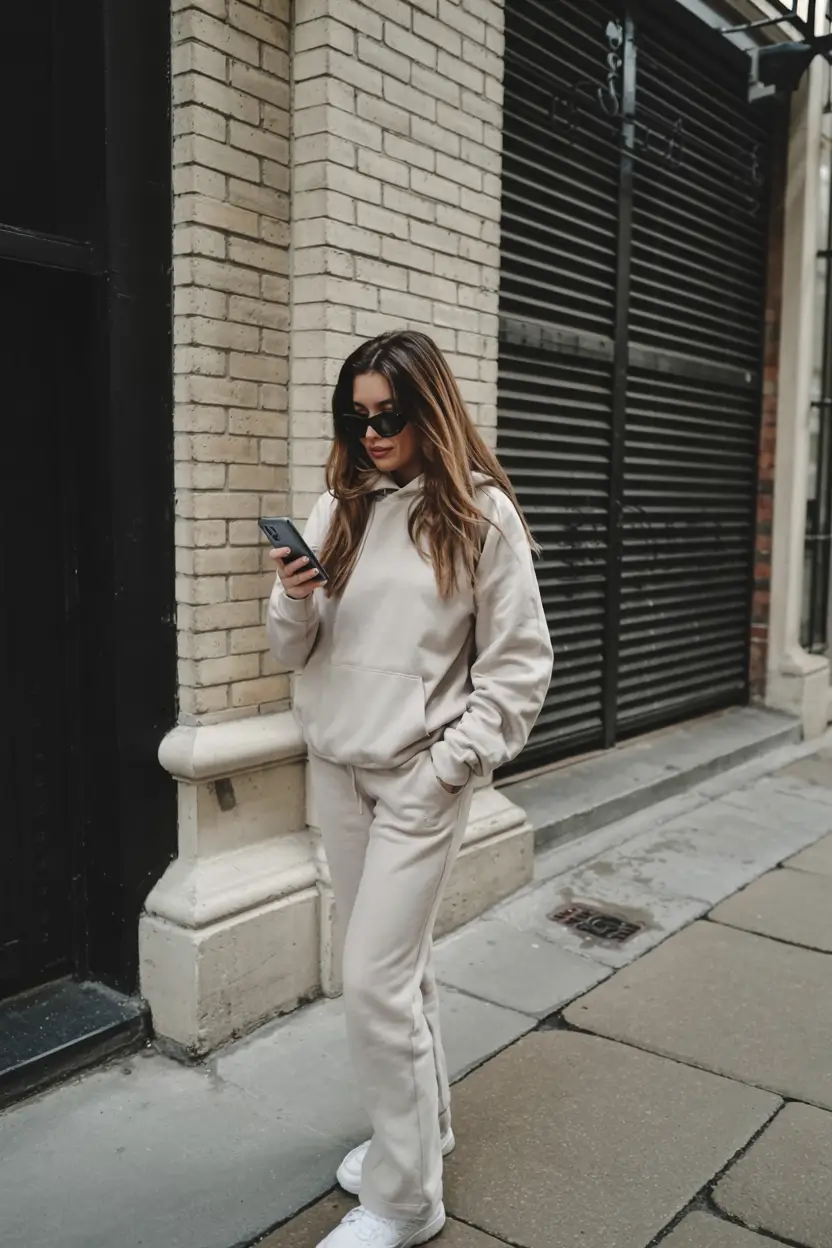 Trendy hoodie outfits 2026 Monochrome Street Chic in Warm Neutrals