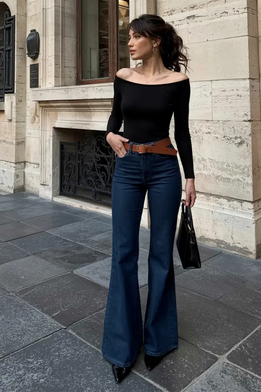 trendy outfits for women 2026 Off-Shoulder Elegance With Retro Denim Volume