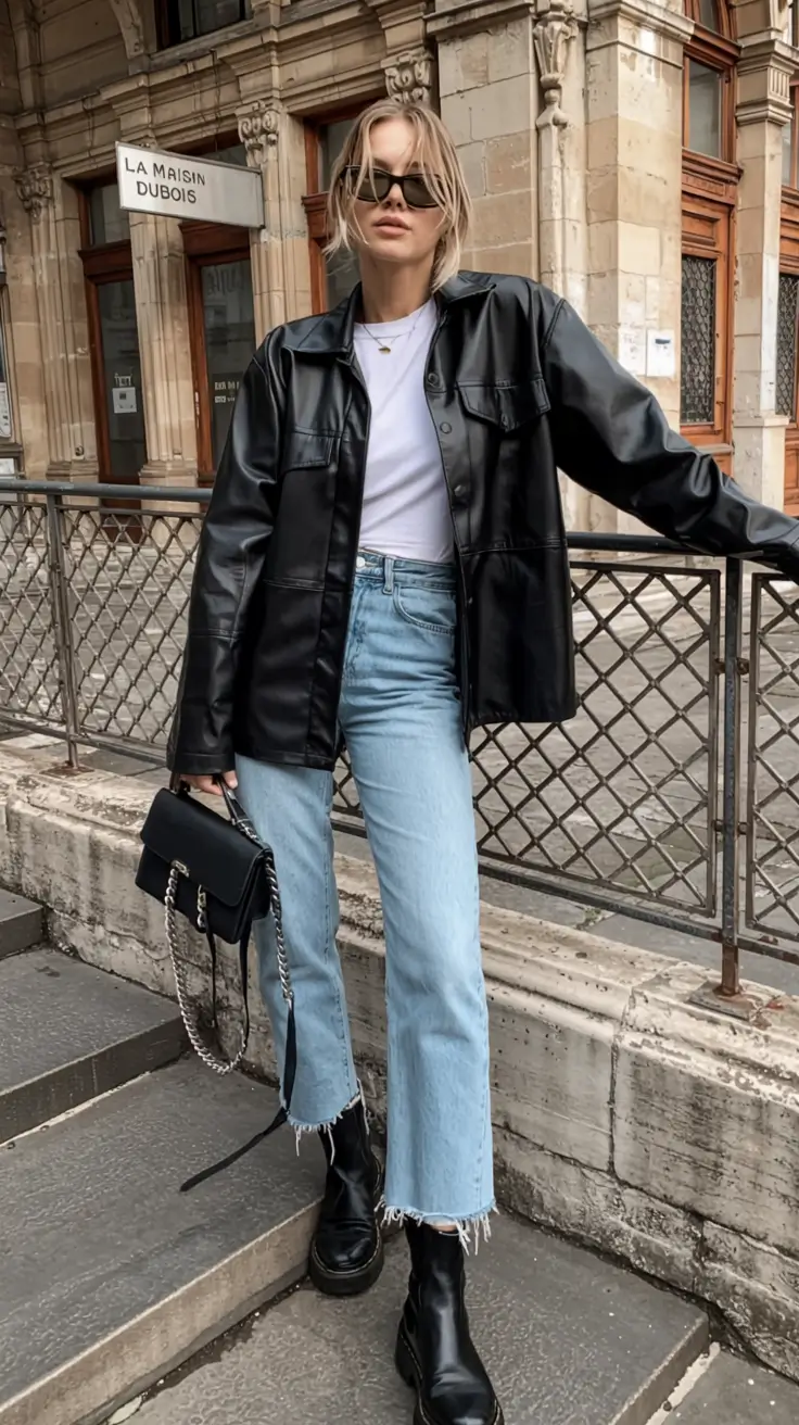 trendy outfits for women 2026 Leather Layers and Light Denim With Streetwise Ease