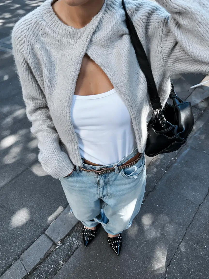 trendy outfits for women 2026 Cozy Knit Layers With Denim and Studded Accents