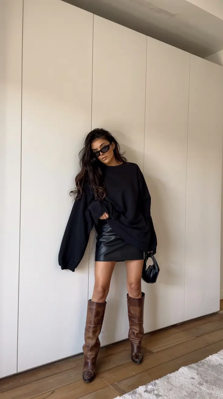 trendy outfits for women 2026 Black Layers With a Bold Leather Moment