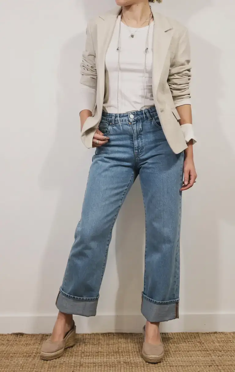 Trendy outfits for women over 40 in 2026 Casual Structure Denim Reimagined with a Blazer
