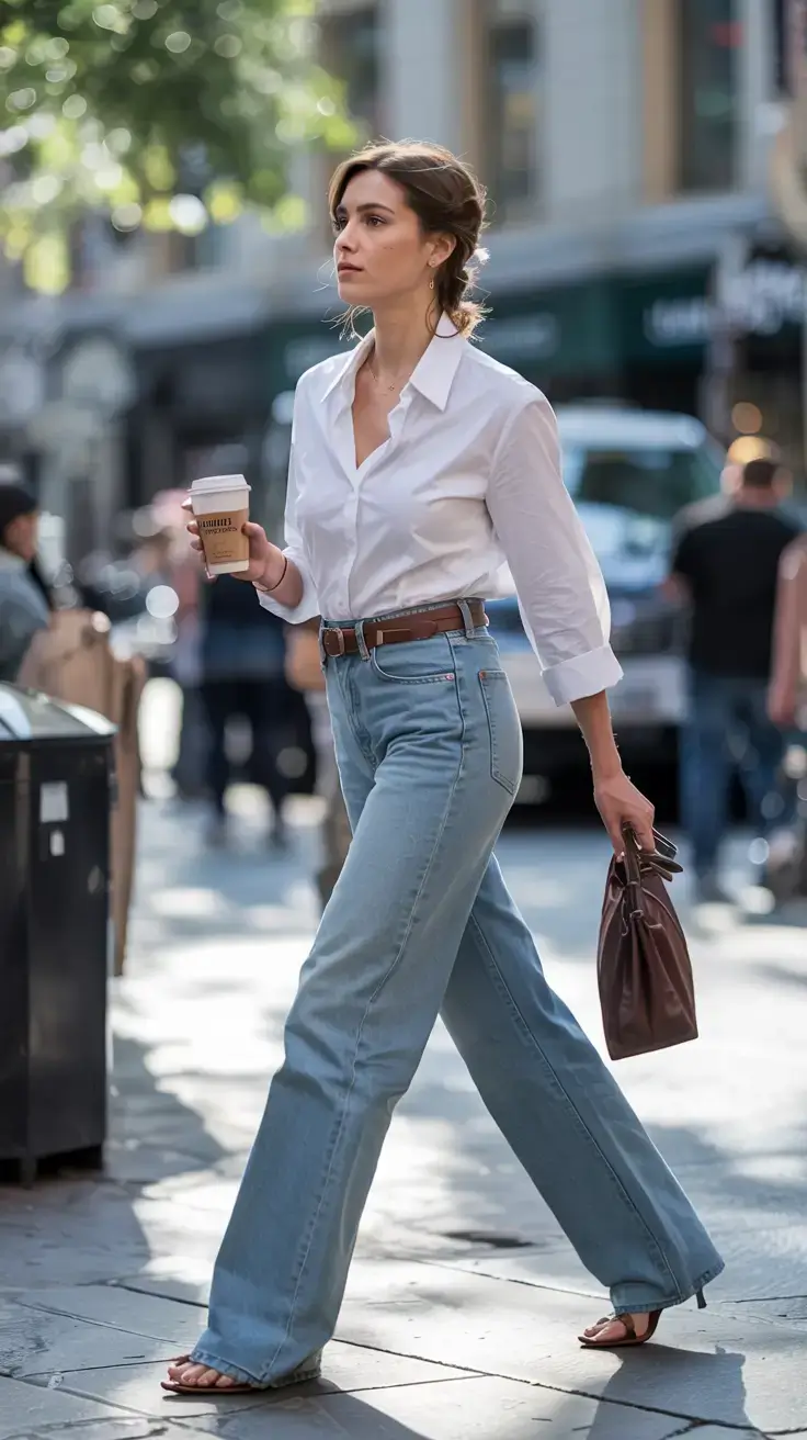 Trendy outfits for women over 40 in 2026 Classic Chic White Shirt and Denim Revival