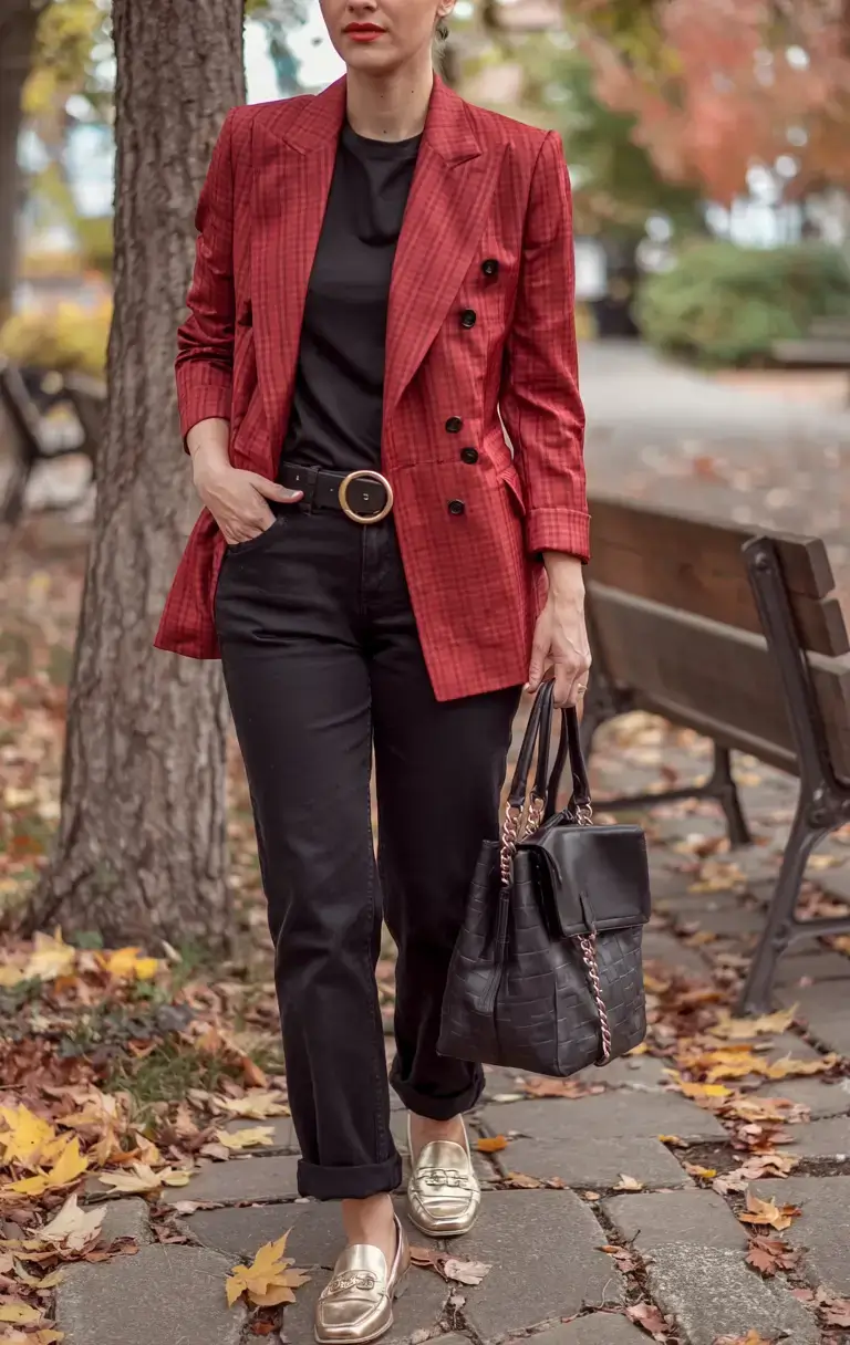 Trendy outfits for women over 40 in 2026 Autumn Redefined The Confidence of Crimson and Black