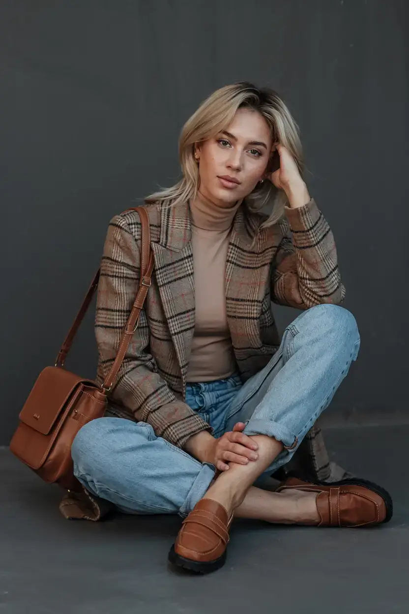 Trendy outfits for women over 40 in 2026 Tailored Comfort Plaid and Soft Denim Harmony