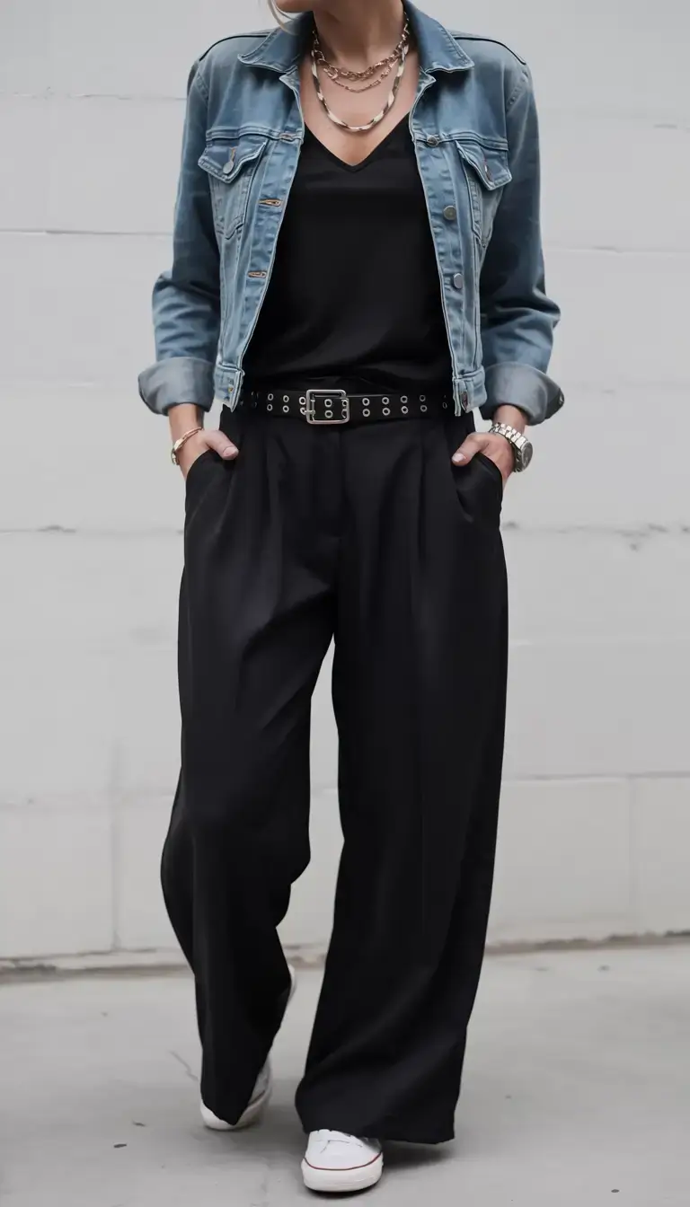 Trendy outfits for women over 40 in 2026 Modern Rebel Denim and Black Power Mix