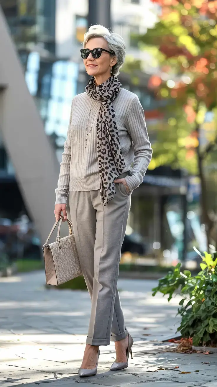 trendy outfits for women over 50 in 2026 Soft Sophistication with a Hint of Leopard