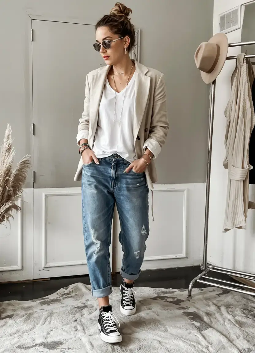 trendy outfits for women over 50 in 2026 Relaxed Power in a Blazer and Denim