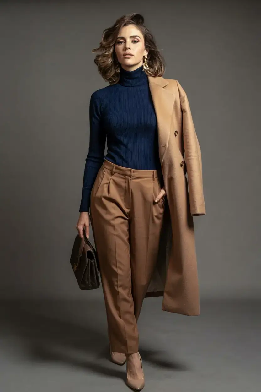 trendy outfits for women over 50 in 2026 Refined Drama in Navy and Camel