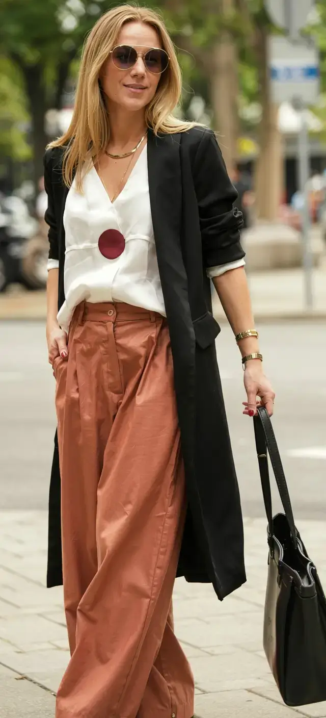 trendy outfits for women over 50 in 2026 Bold Simplicity Black White and Terracotta