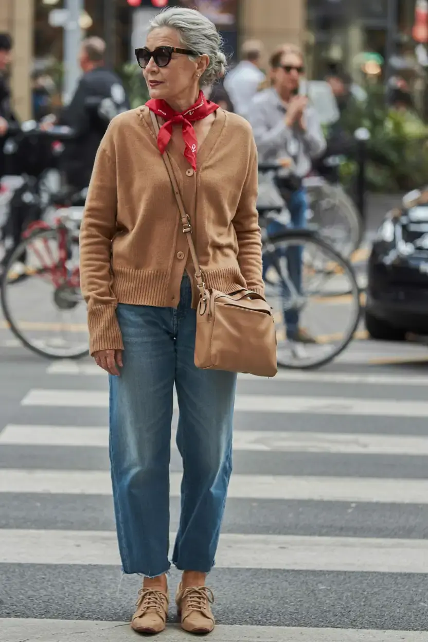 trendy outfits for women over 50 in 2026 Camel Comfort with a Pop of Personality