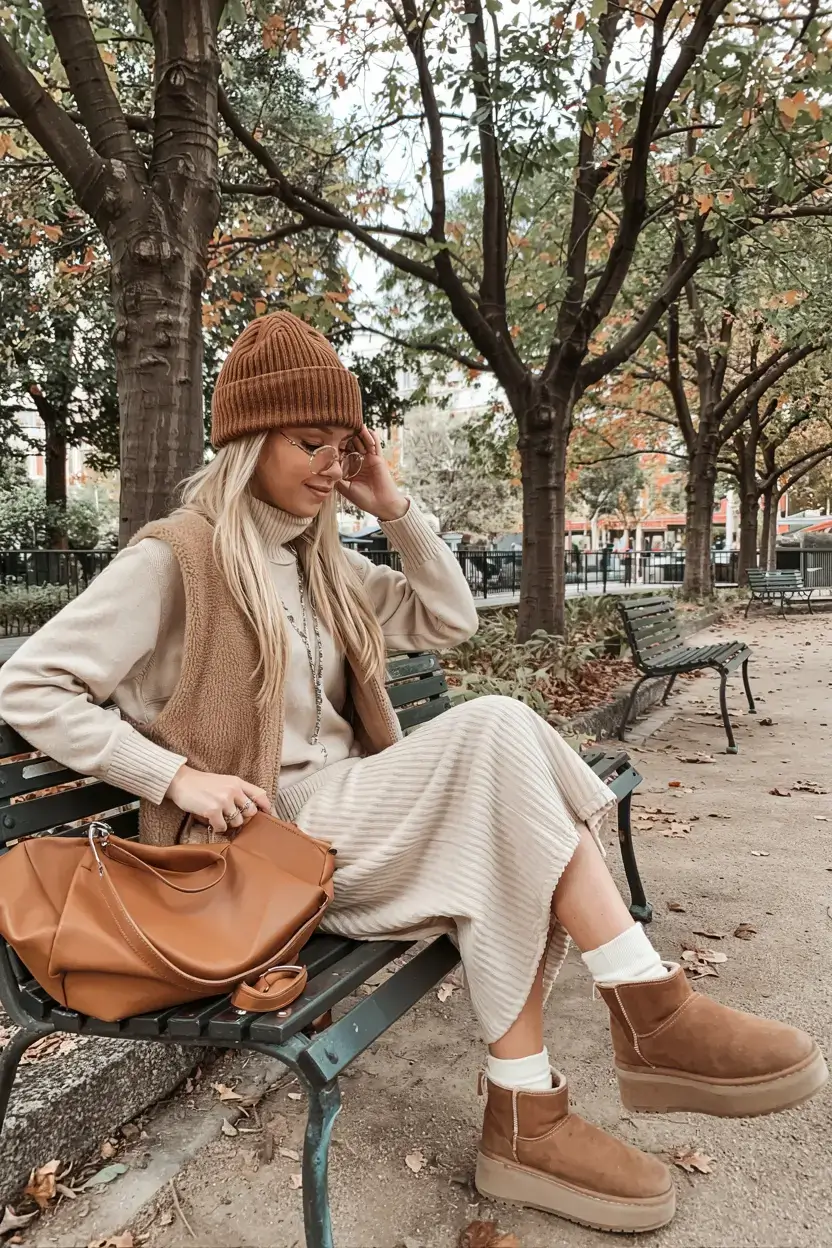 Ugg outfit ideas 2026 Warm Caramel Tones and Textured Layers