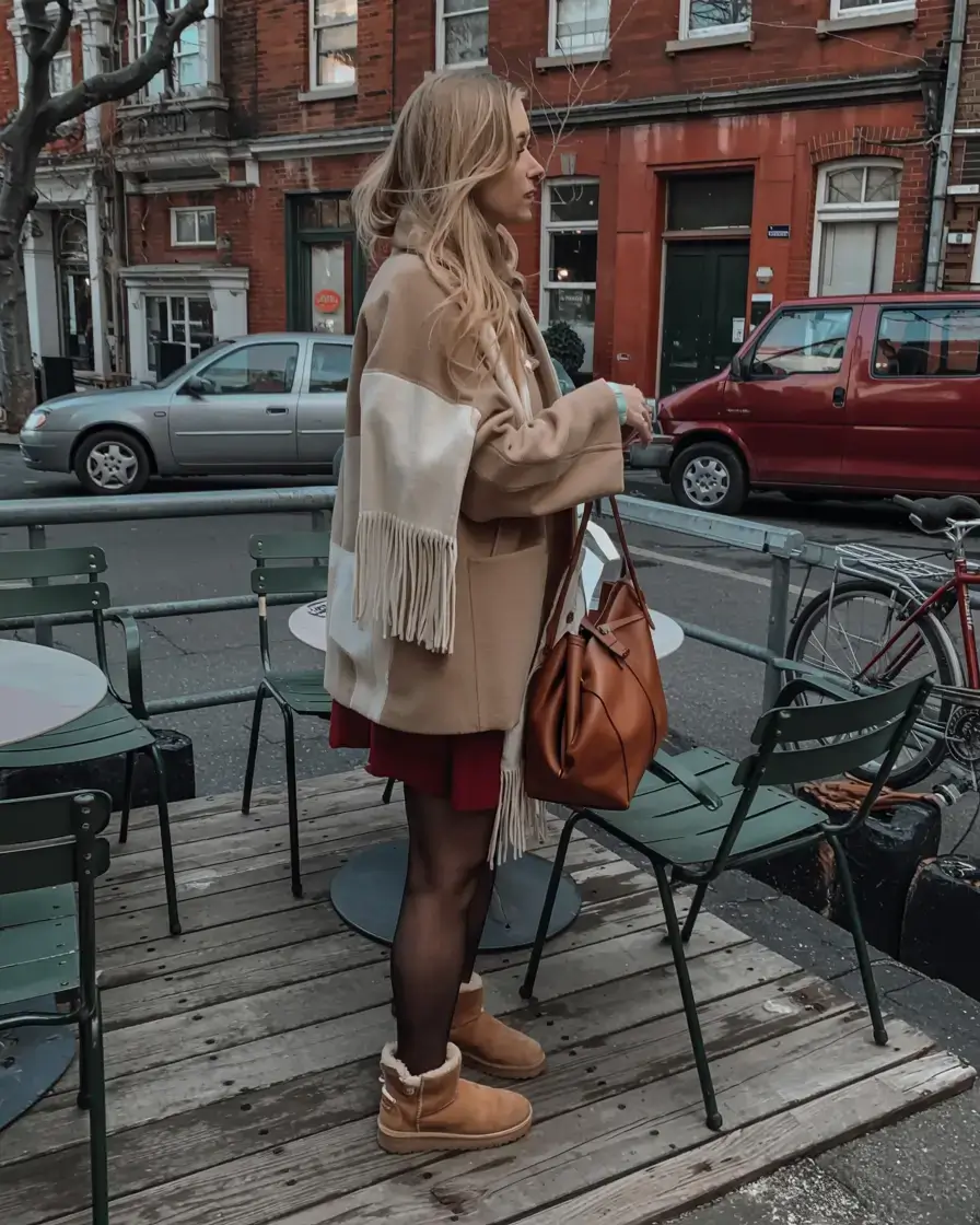 Ugg outfit ideas 2026 Street Chic in Soft Caramel and Scarlet