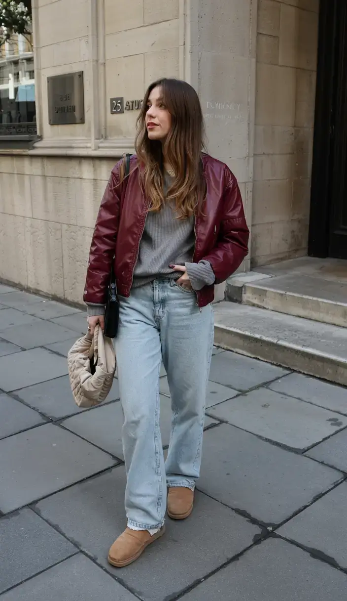 Ugg outfit ideas 2026 Retro Edge in Wine and Denim