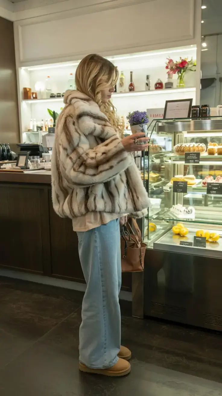 Ugg outfit ideas 2026 Soft Glam in Faux Fur and Denim