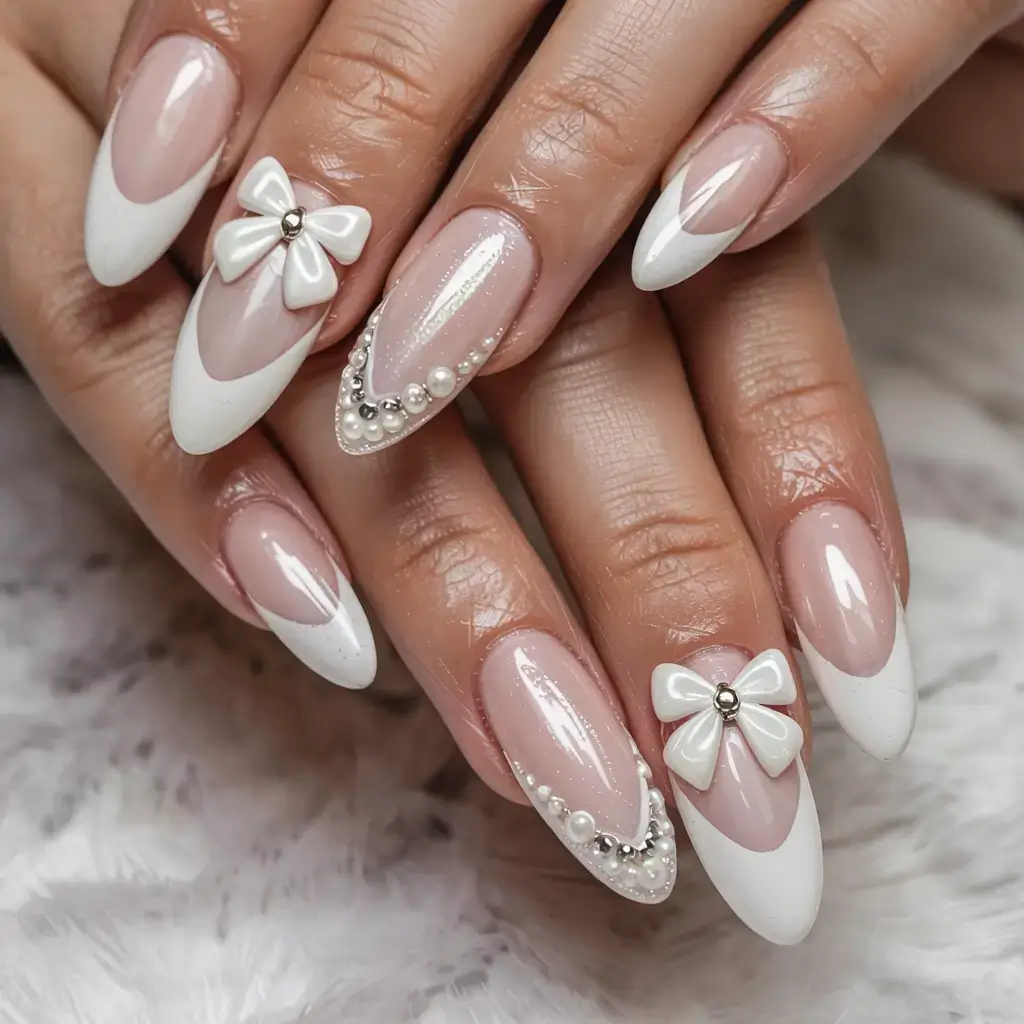 white christmas nails ideas 2025 Pearl Bow Chic