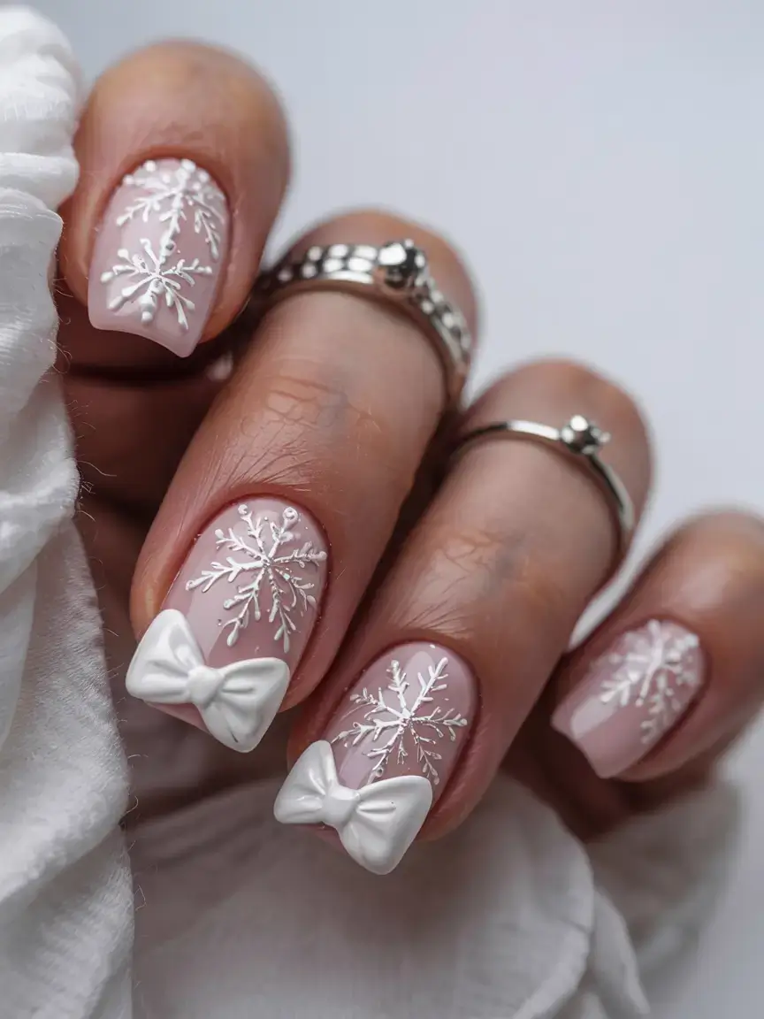 white christmas nails ideas 2025 Snowflake & Bow Romance