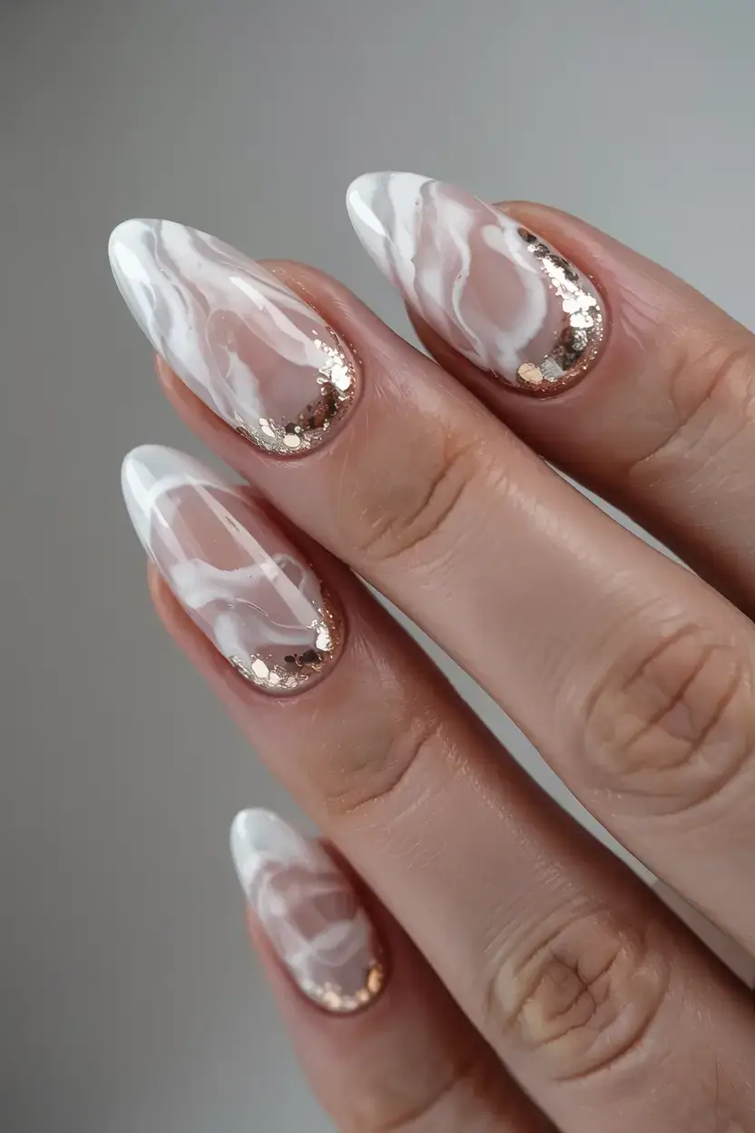 white christmas nails ideas 2025 Marble Frost Luxe