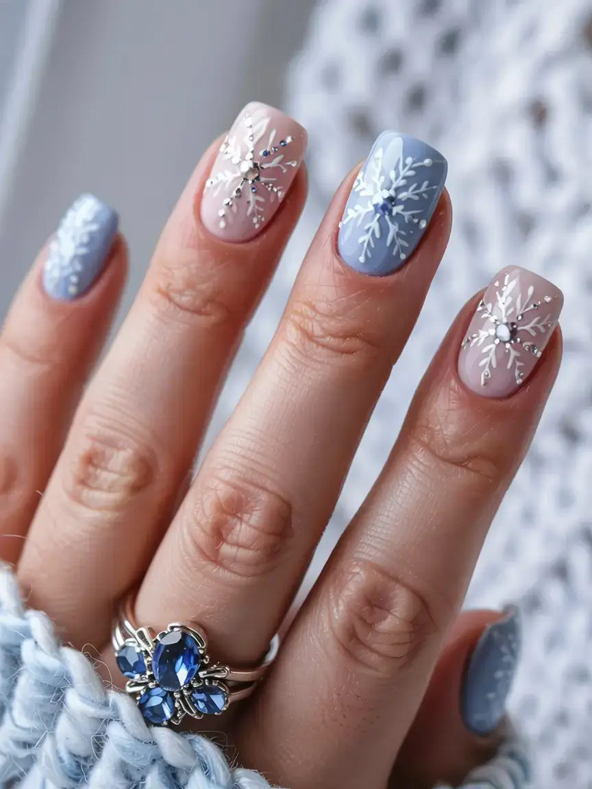 white christmas nails ideas 2025 Blue Crystal Snow