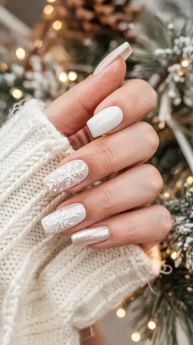 white christmas nails ideas 2025 Snowflake Elegance
