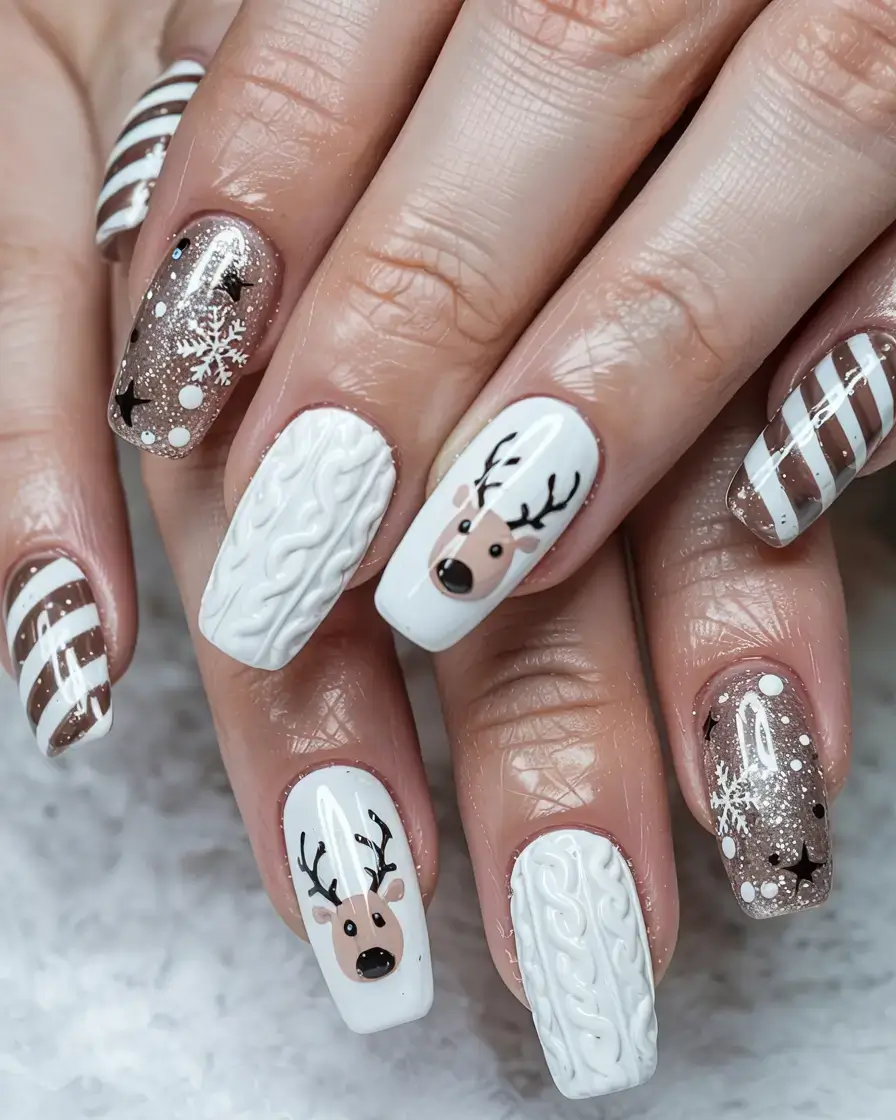 white christmas nails ideas 2025 Cozy Reindeer Knit