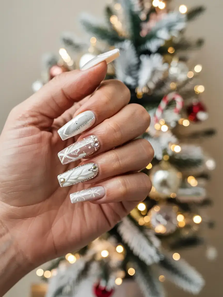 white christmas nails ideas 2025 Glistening Winter Symphony
