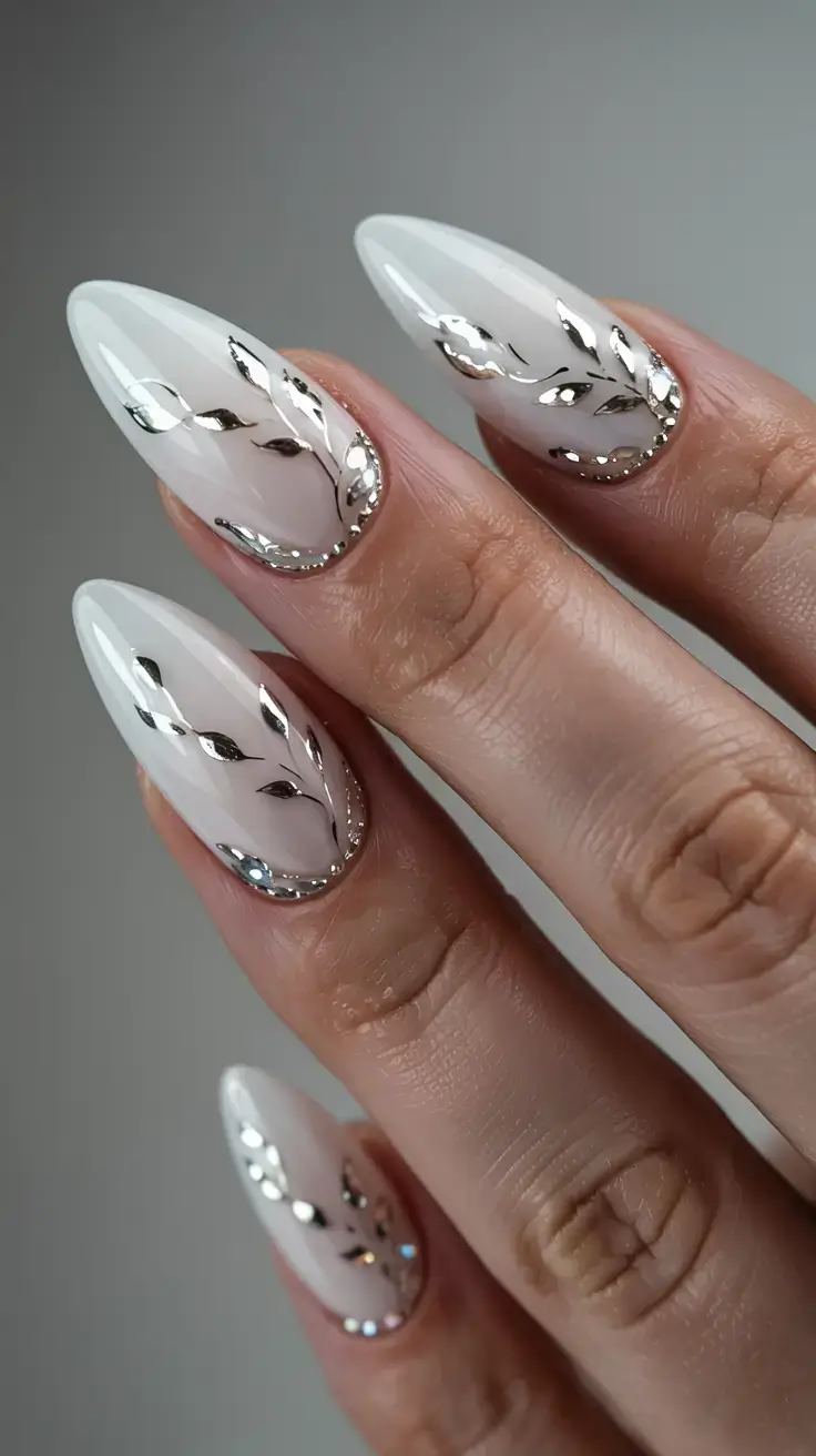 white christmas nails ideas 2025 Silver Leaf Radiance