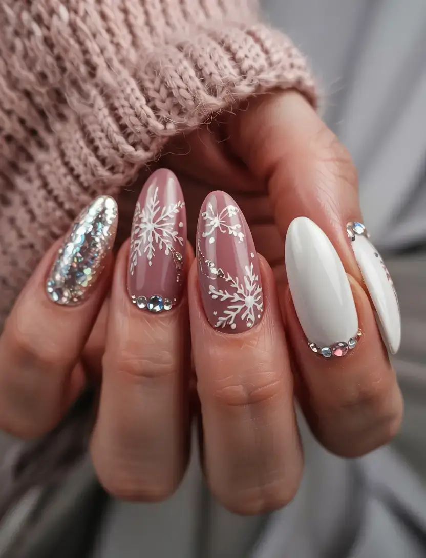 white christmas nails ideas 2025 Rose Frost Sparkle