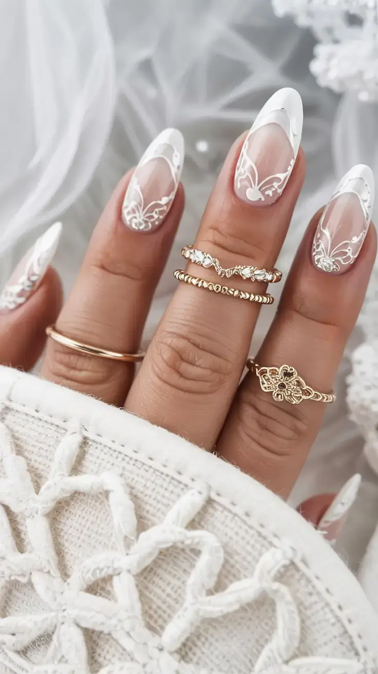 white christmas nails ideas 2025 Delicate Lace French