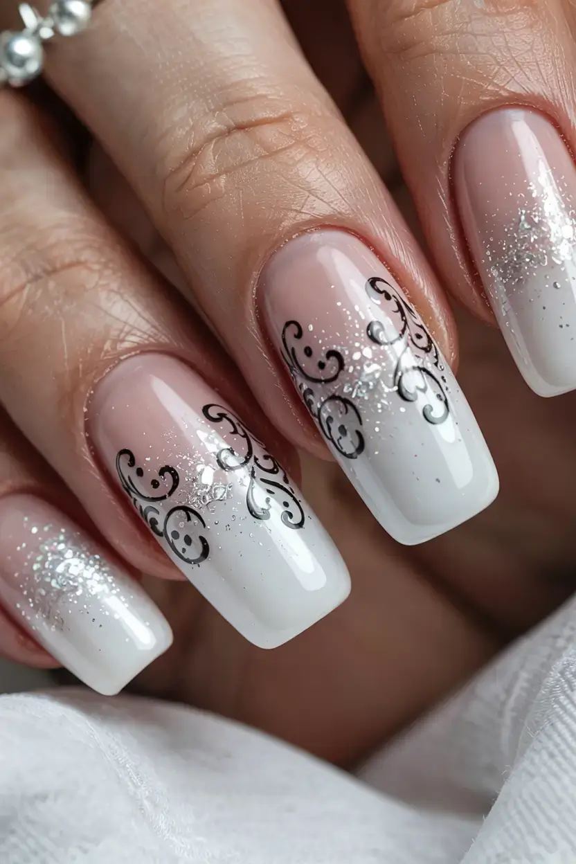 white christmas nails ideas 2025 Frosted Noir Scrolls