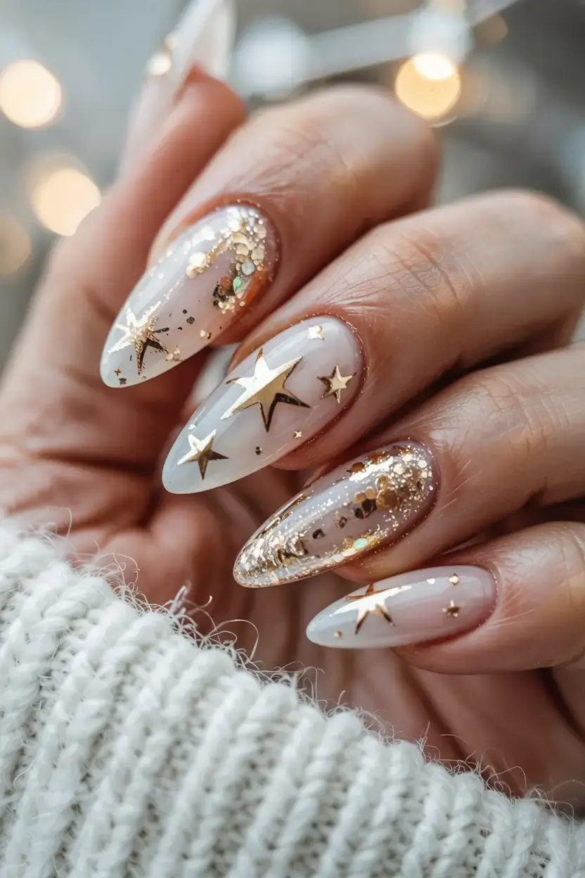white christmas nails ideas 2025 Golden Starry Night
