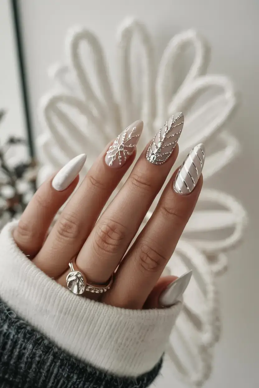 white christmas nails ideas 2025 Crystal Web Shimmer