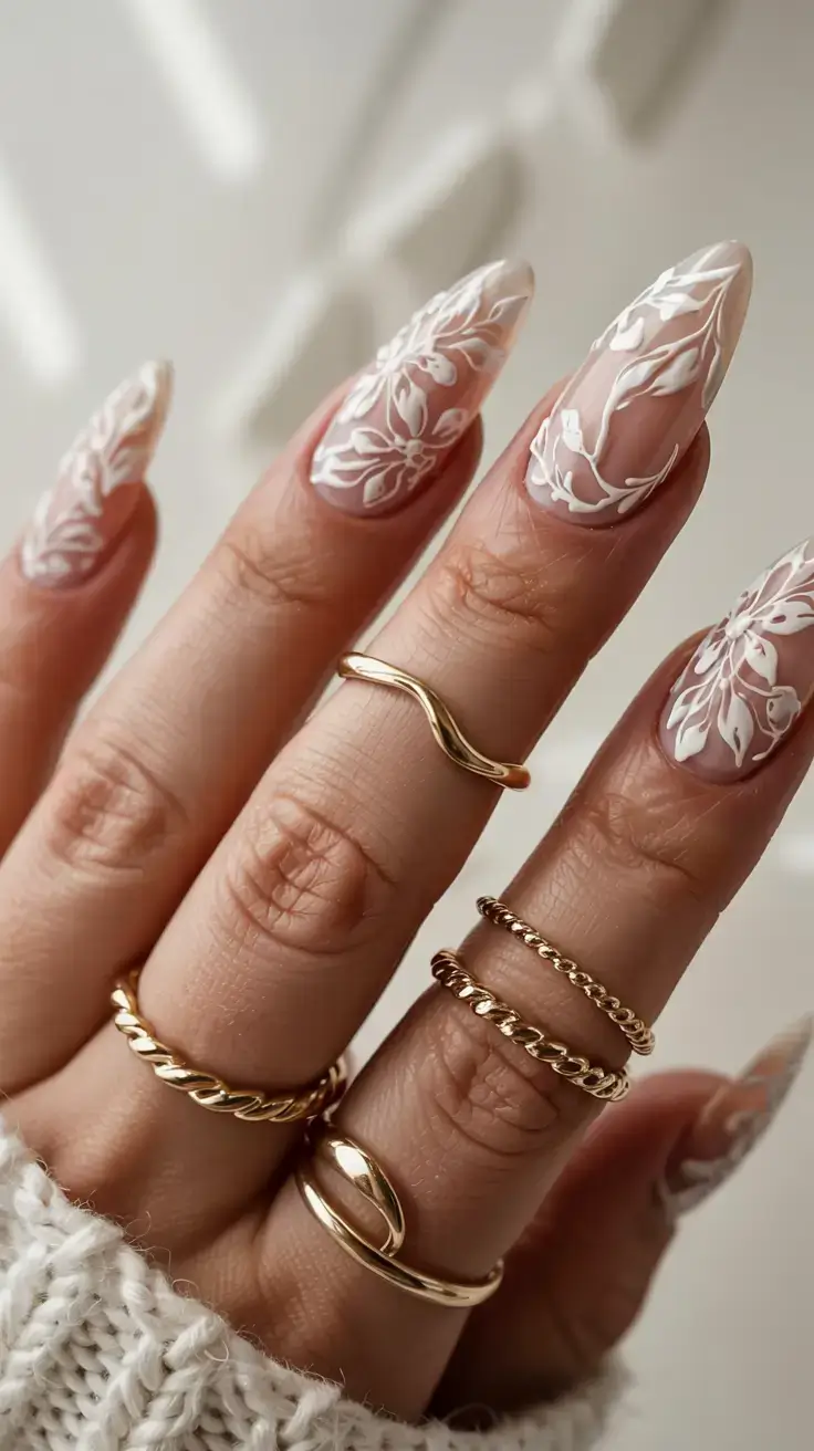 white christmas nails ideas 2025 Snow Blossom Lace
