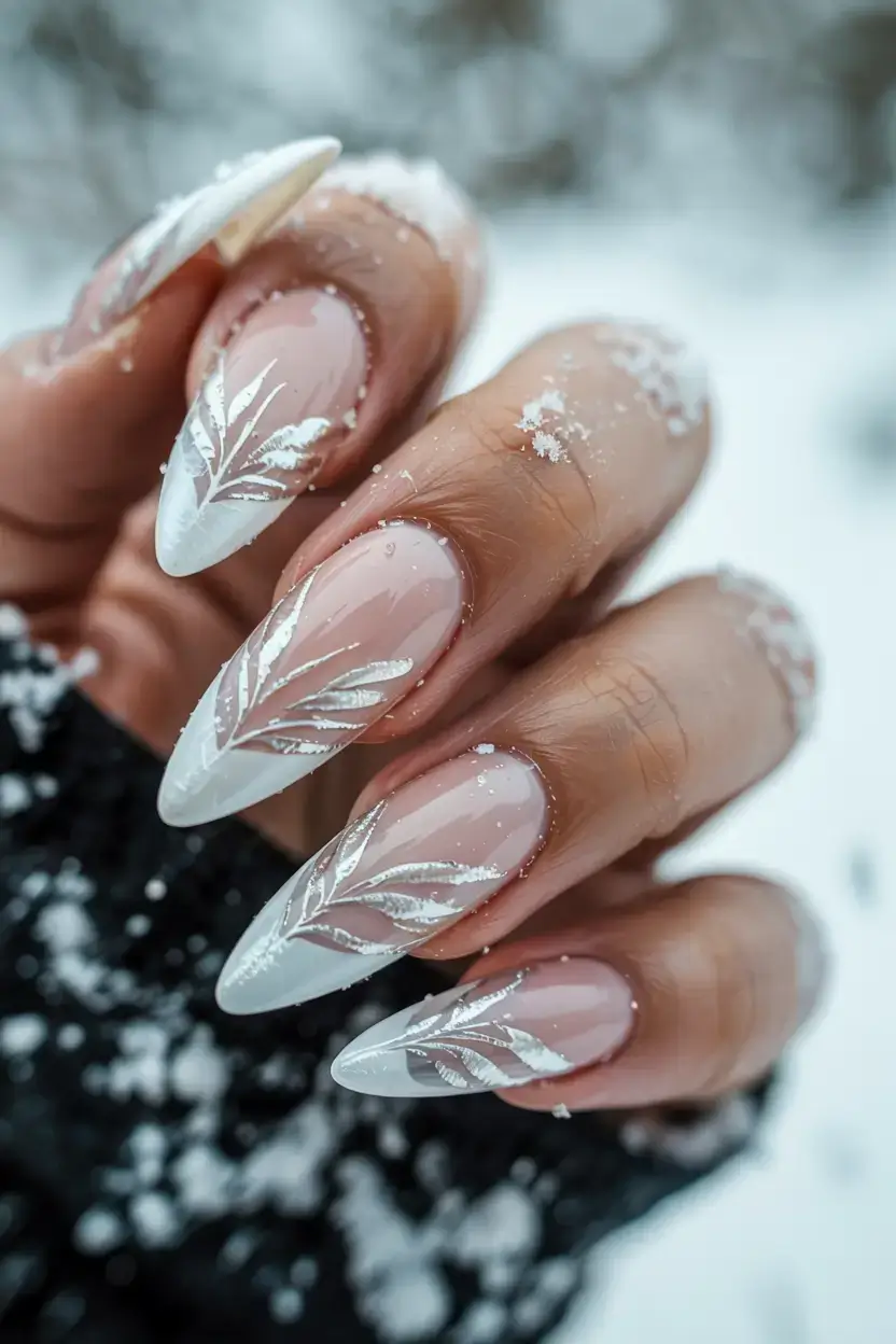 white christmas nails ideas 2025 Falling Snow French