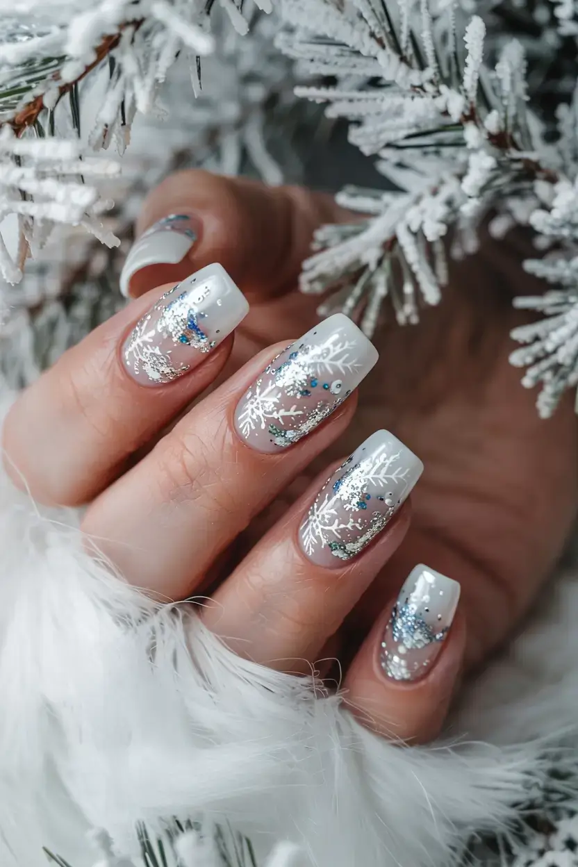 white christmas nails ideas 2025 Frozen Forest Sparkle
