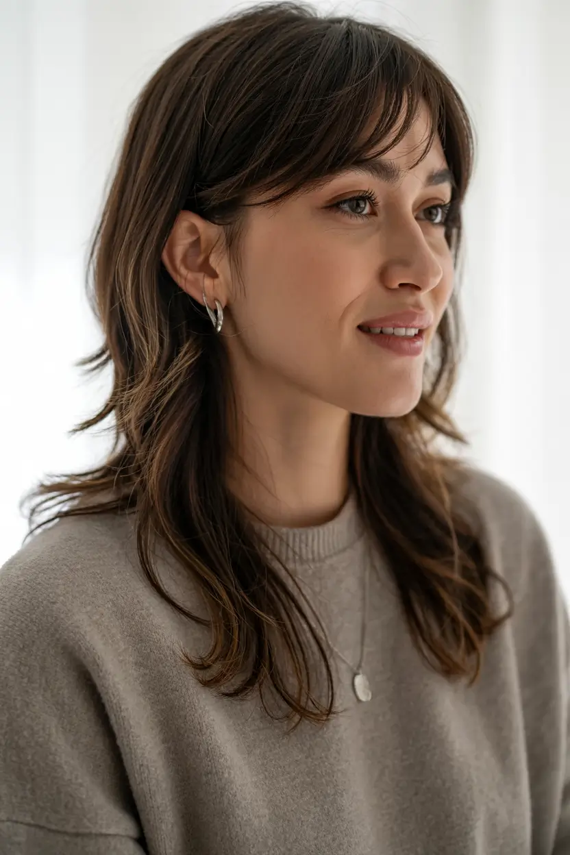 wolf haircut ideas 2026 Soft Wolf Layers with Swept Bangs