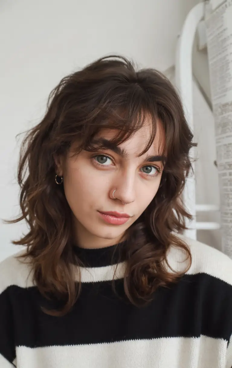 wolf haircut ideas 2026 Curled Shag with Bohemian Bangs