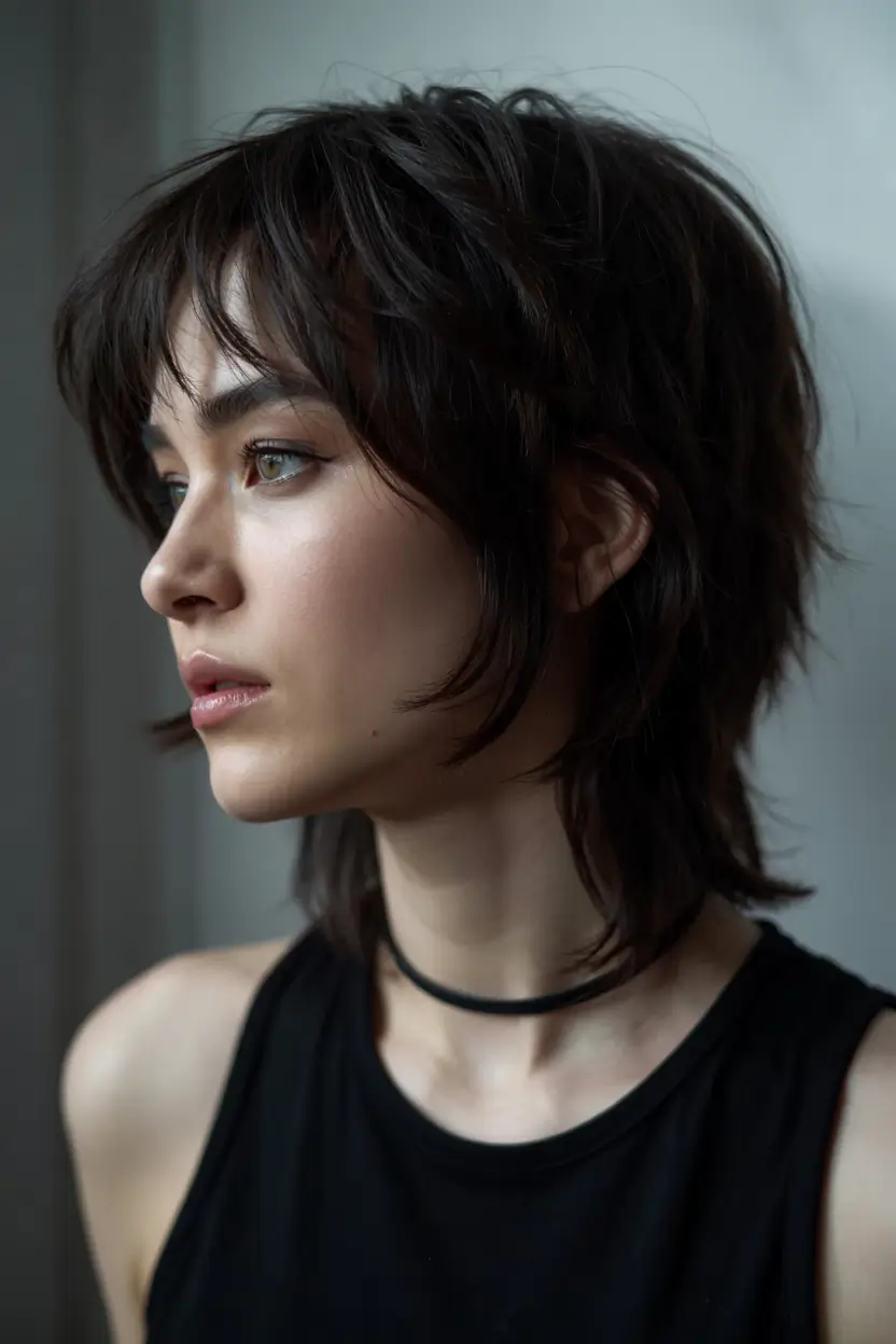 wolf haircut ideas 2026 Midnight Mullet with Razor Fringe
