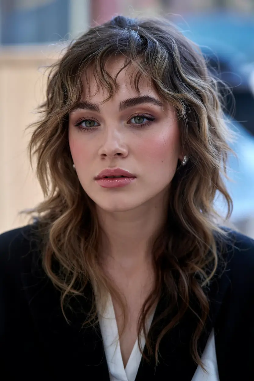 wolf haircut ideas 2026 Rosy Shag with Voluminous Fringe