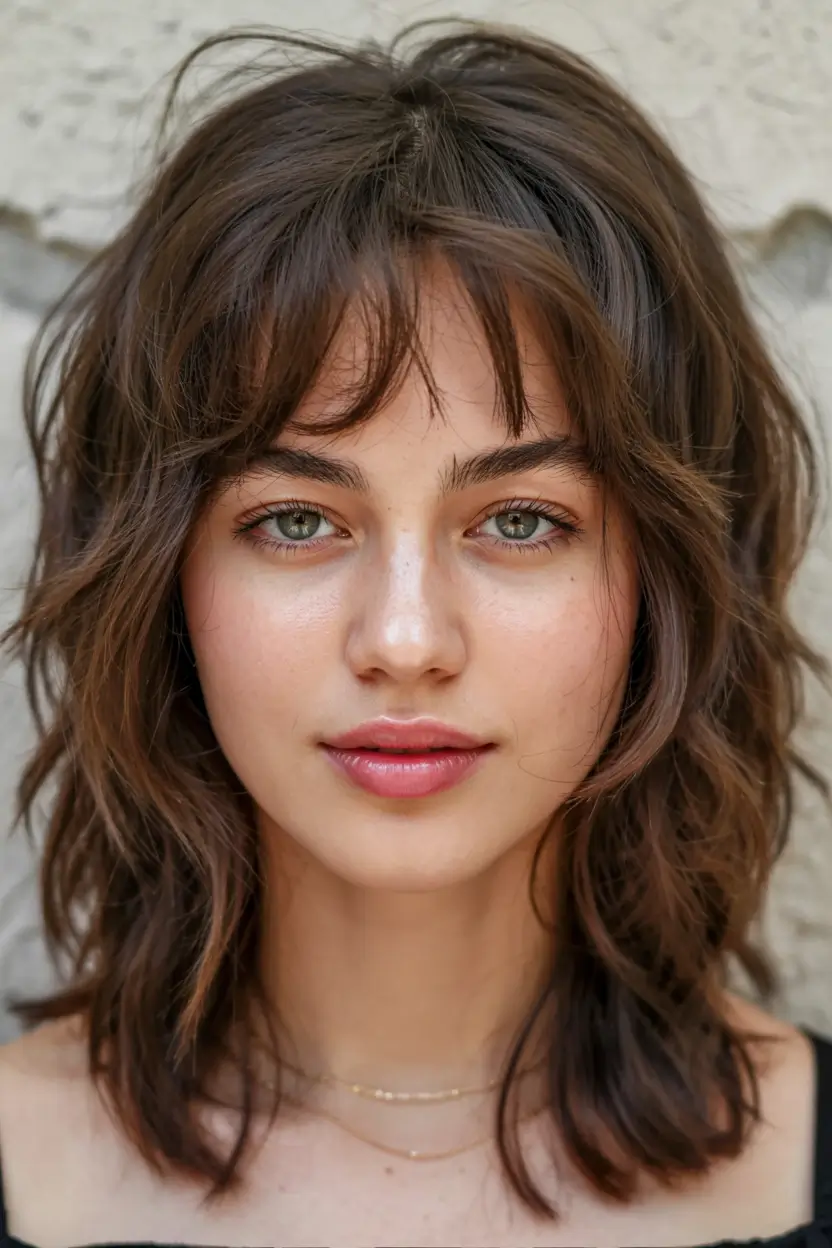wolf haircut ideas 2026 Soft Brunette Shag with Wispy Fringe