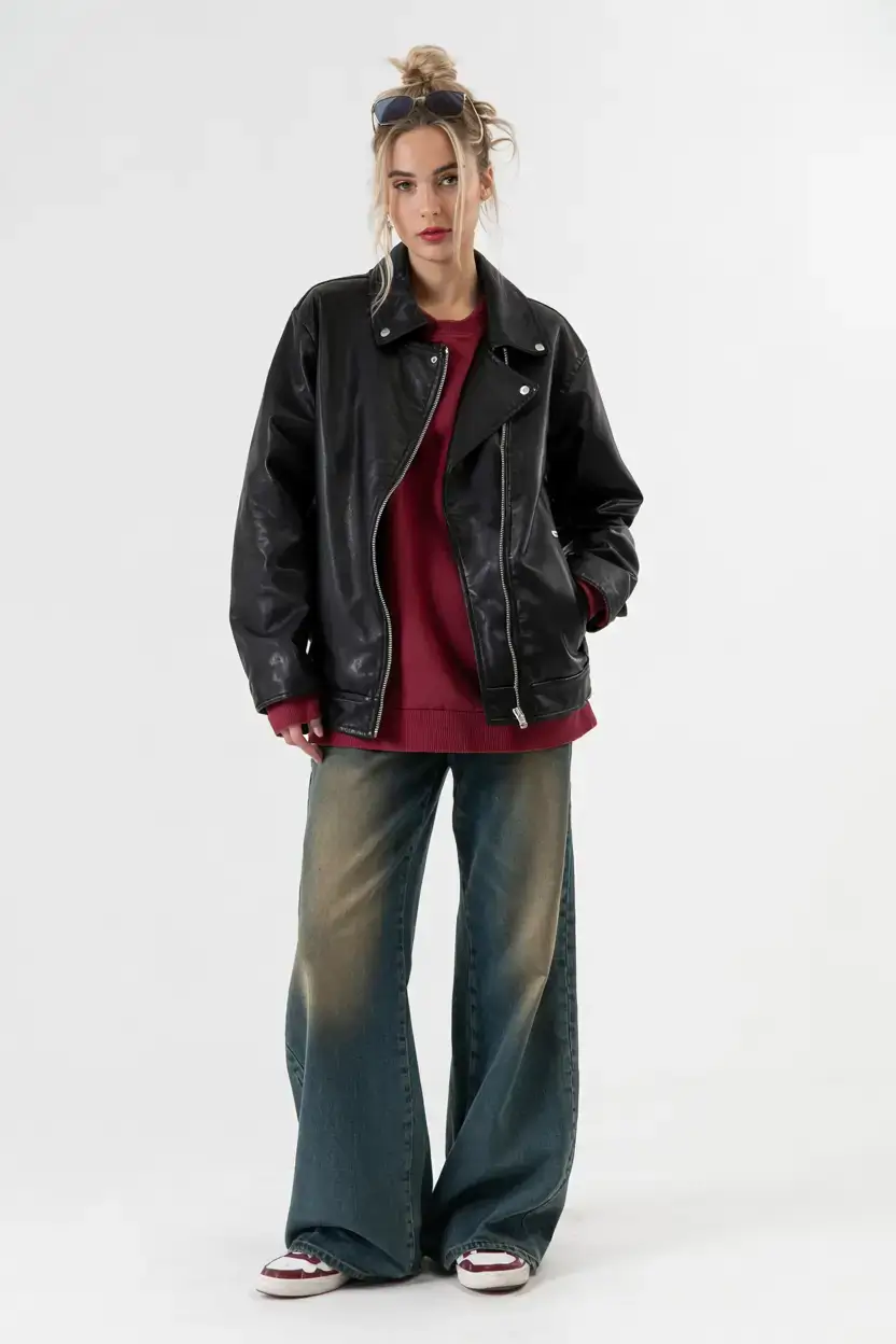 y2k outfits ideas 2026 Leather Ease and Oversized Layers