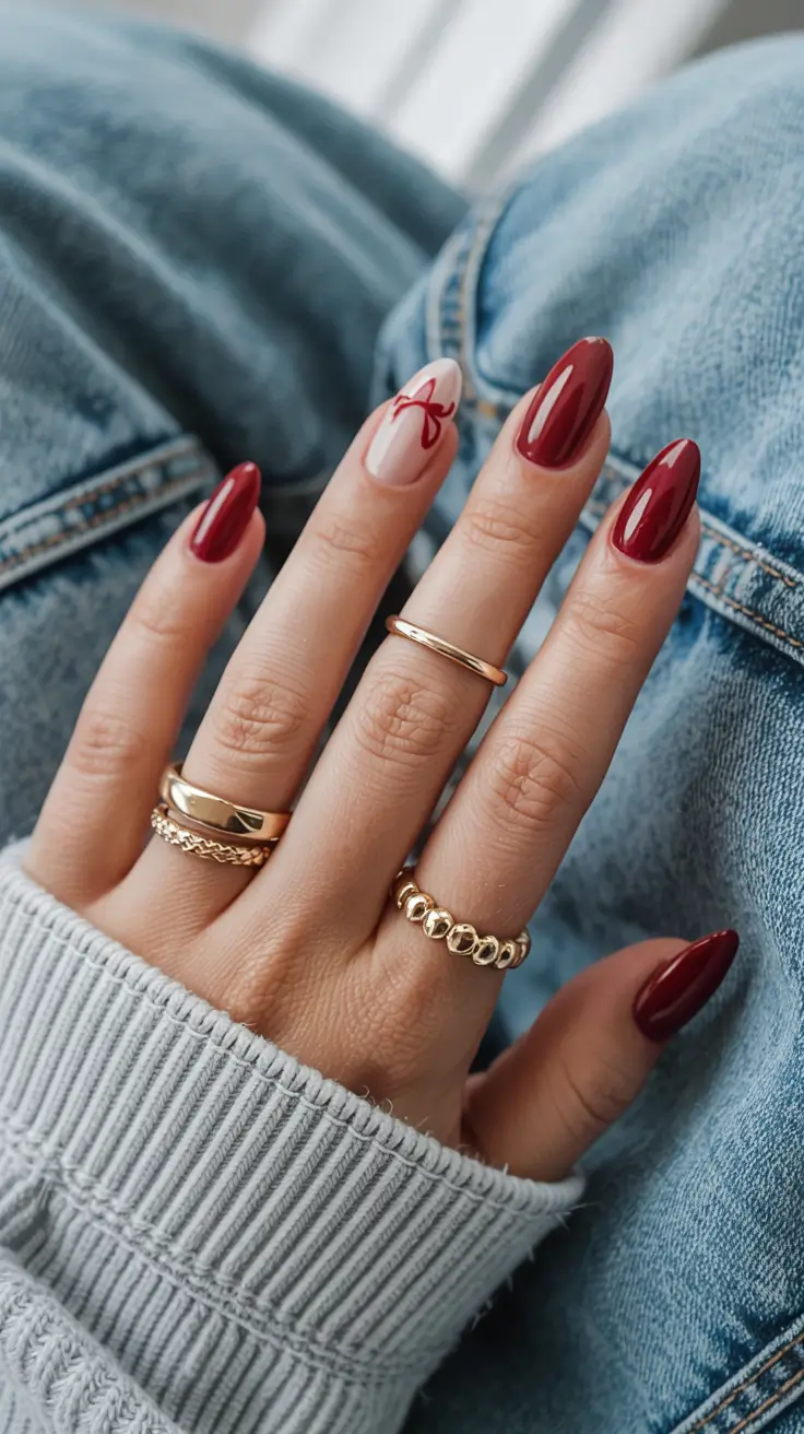 acrylic nails 2026 Cranberry Chrome with a Bow Accent