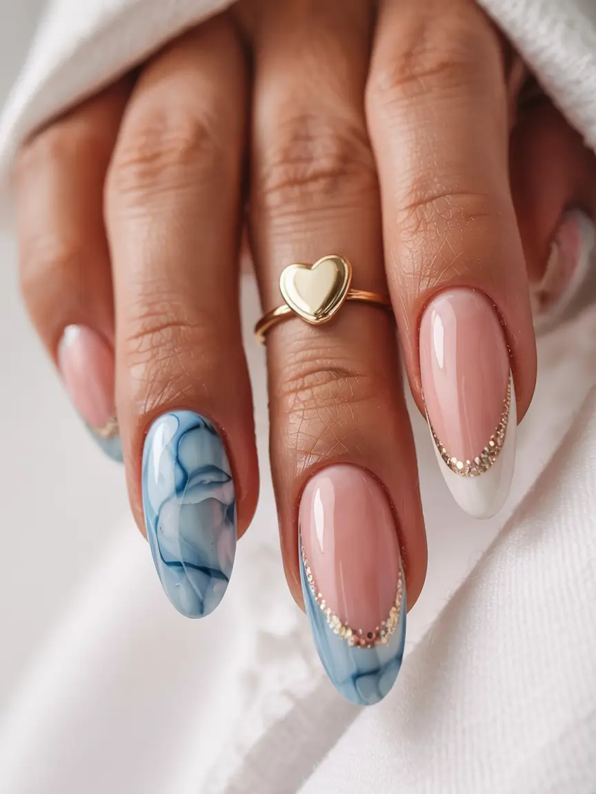 acrylic nails 2026 Ocean Marble & Glitter Tips