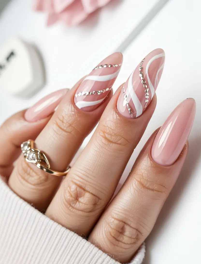 acrylic nails 2026 Pink Swoops & Rhinestone Rhythm