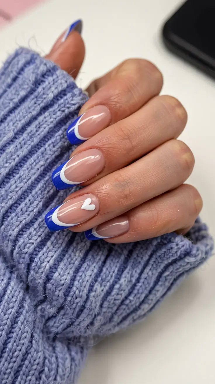 acrylic nails 2026 Cobalt French with a Pop Heart