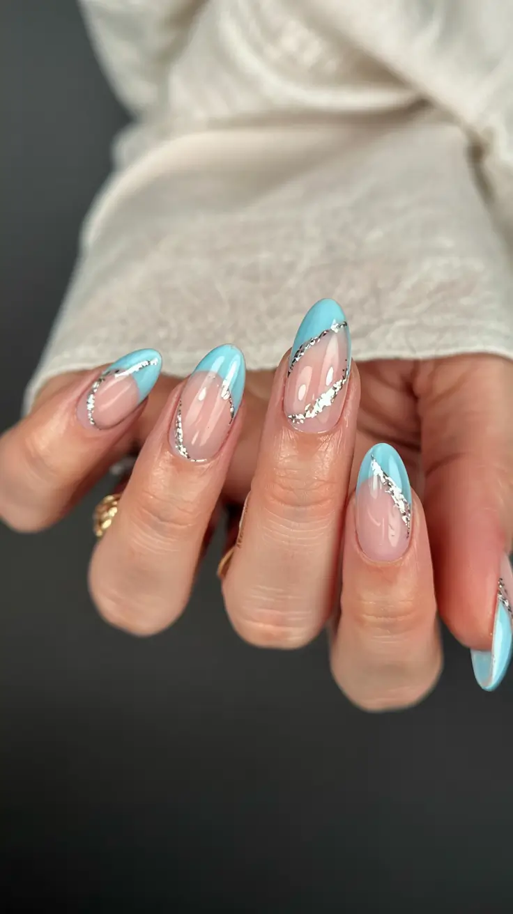 acrylic nails 2026 Sky Blue Edge & Silver Sliver