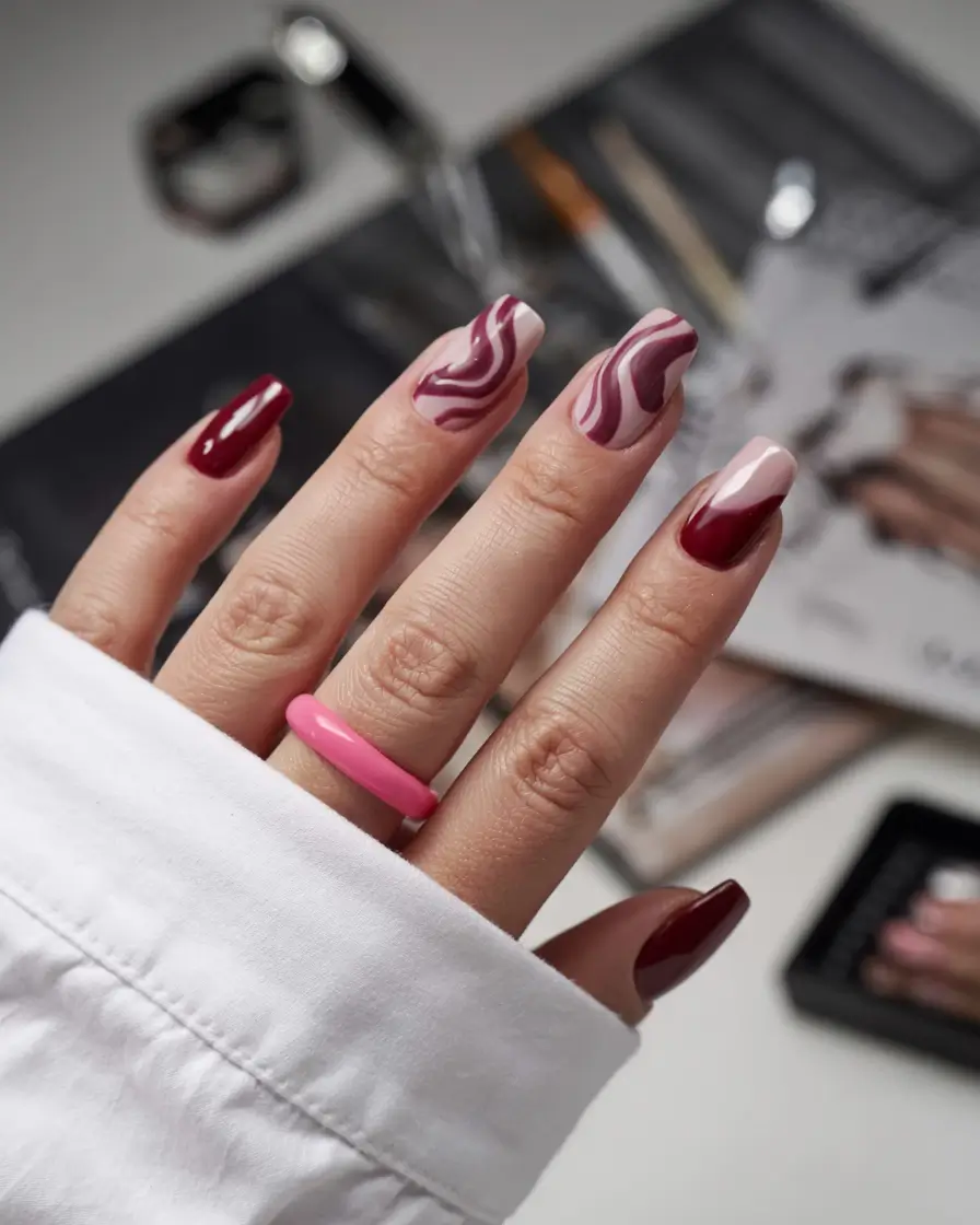 acrylic nails 2026 Berry Swirl Art & Satin Red
