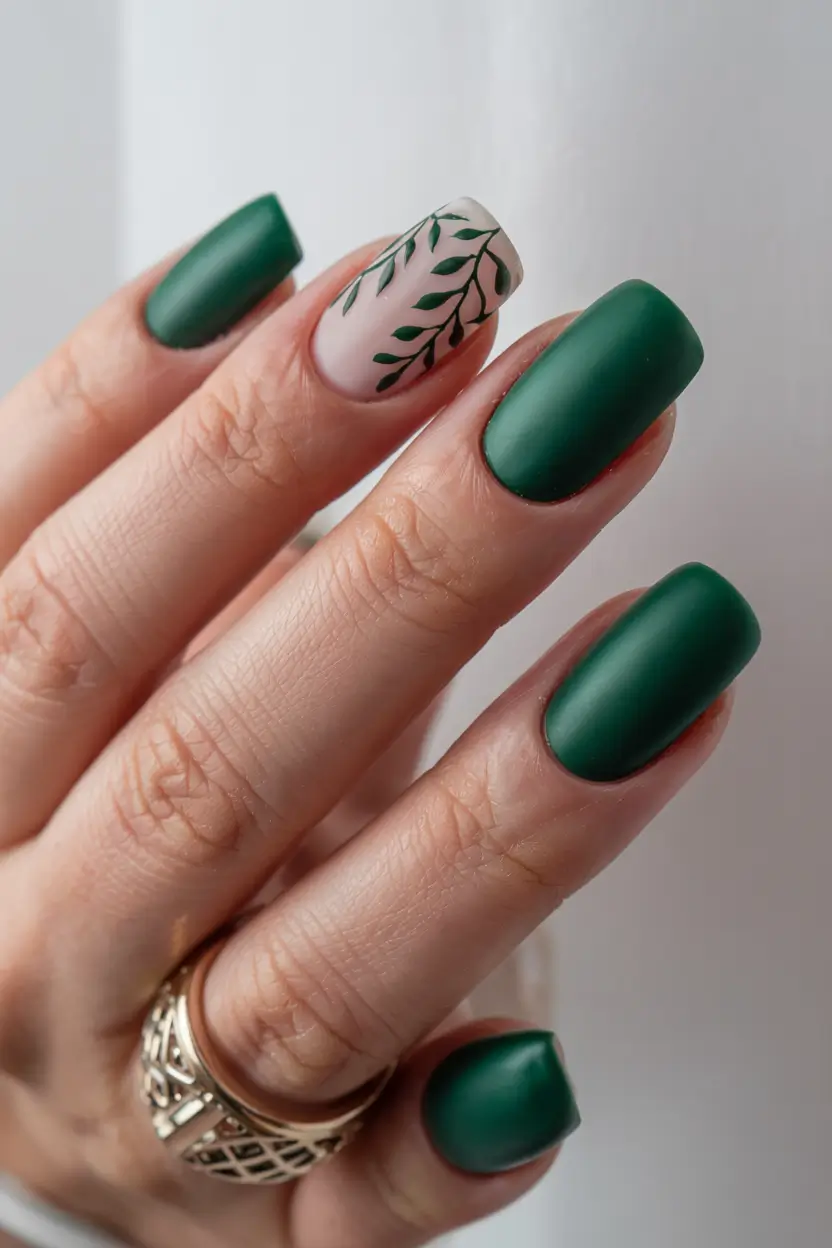 acrylic nails 2026 Matte Forest & Leaf Accent