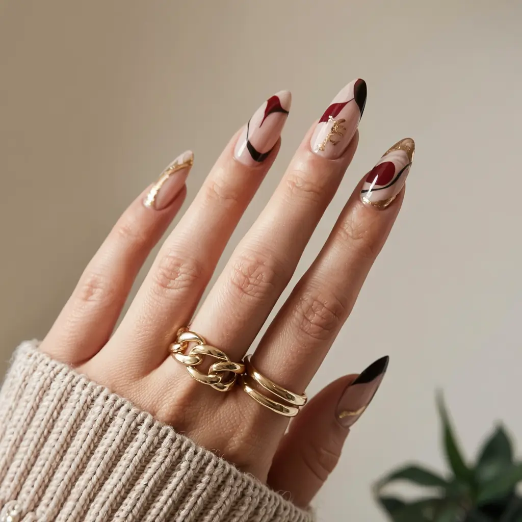 almond nails 2026 Abstract Neutrals with Red Noir