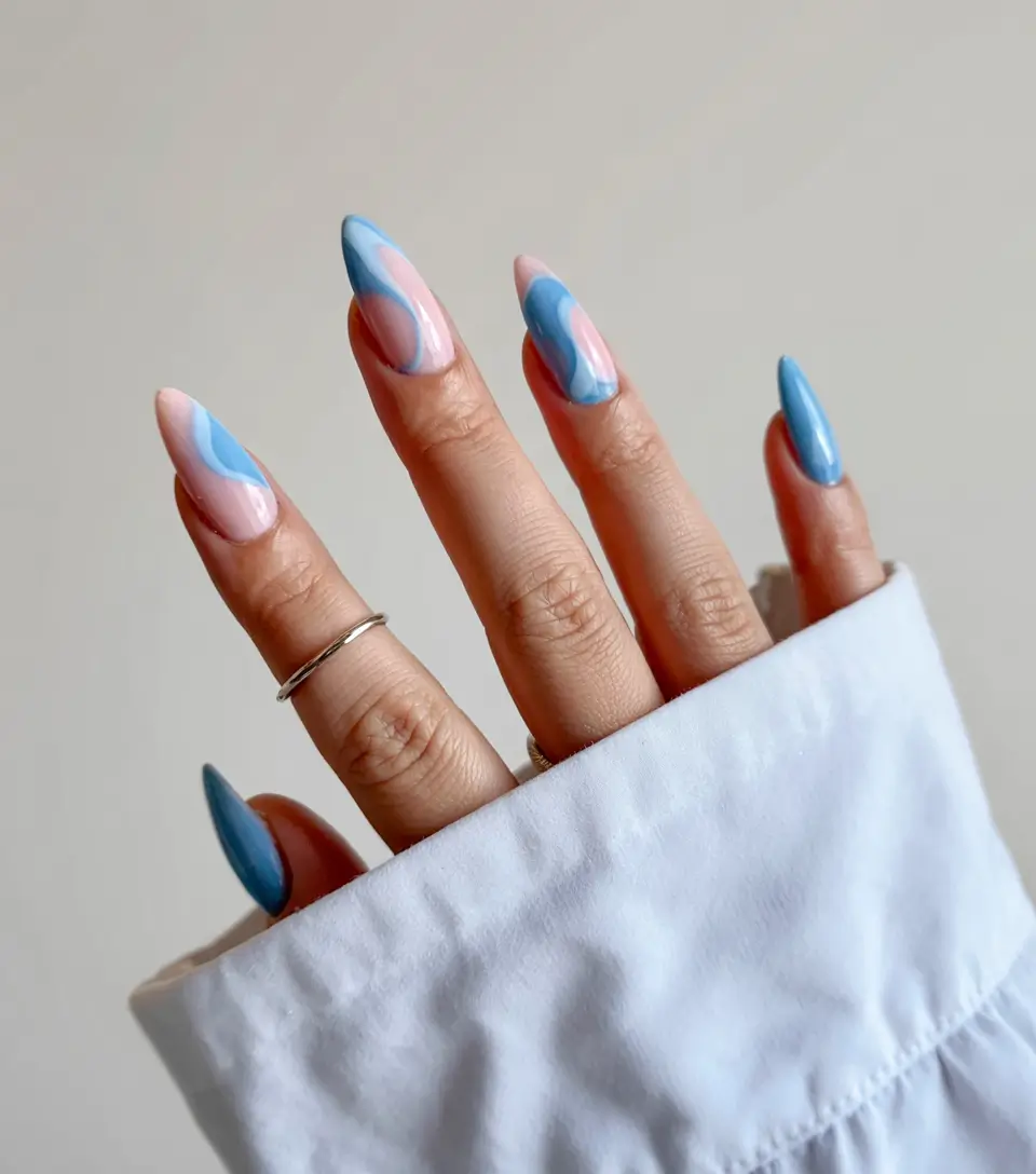 almond nails 2026 Two-Tone Blue Curve Play